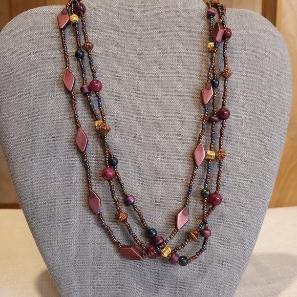 Purple Deep Blue Gold 3-Strand EUC 18" Necklace-Item #108 - Picture 3 of 4